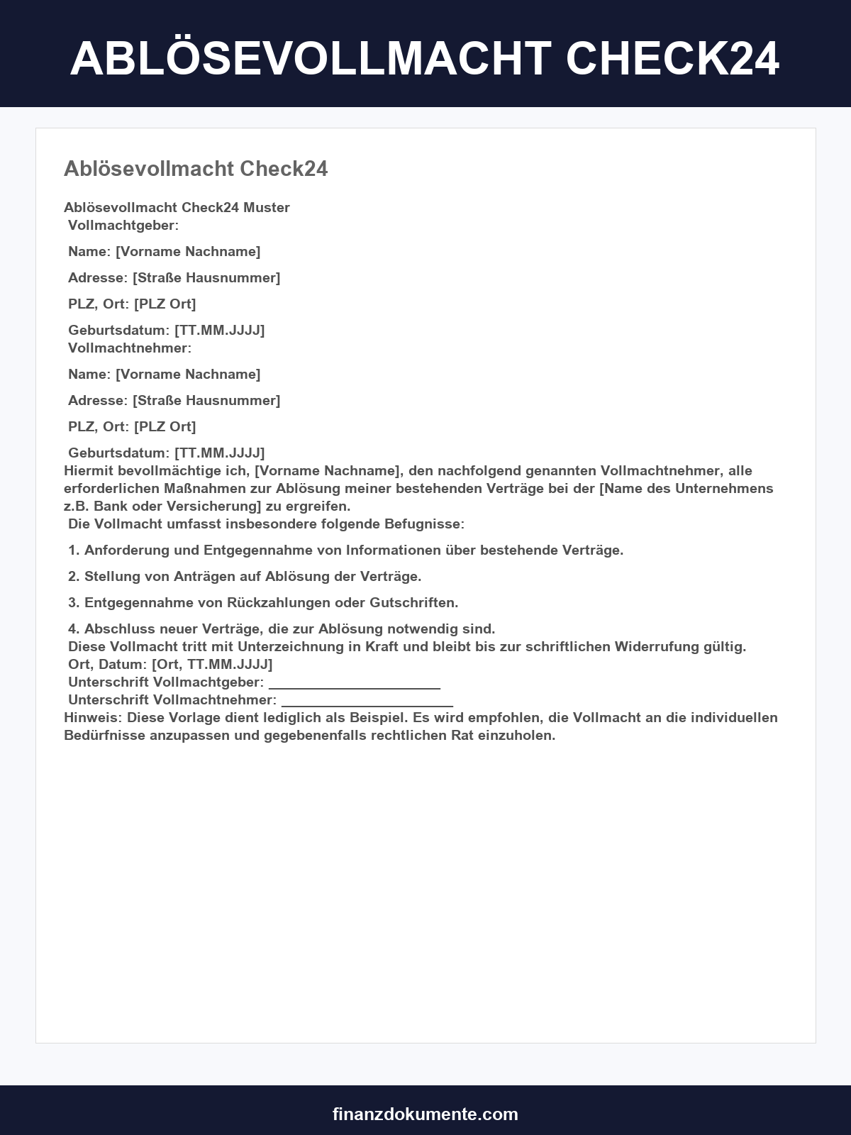 Ablösevollmacht Vorlage Check24