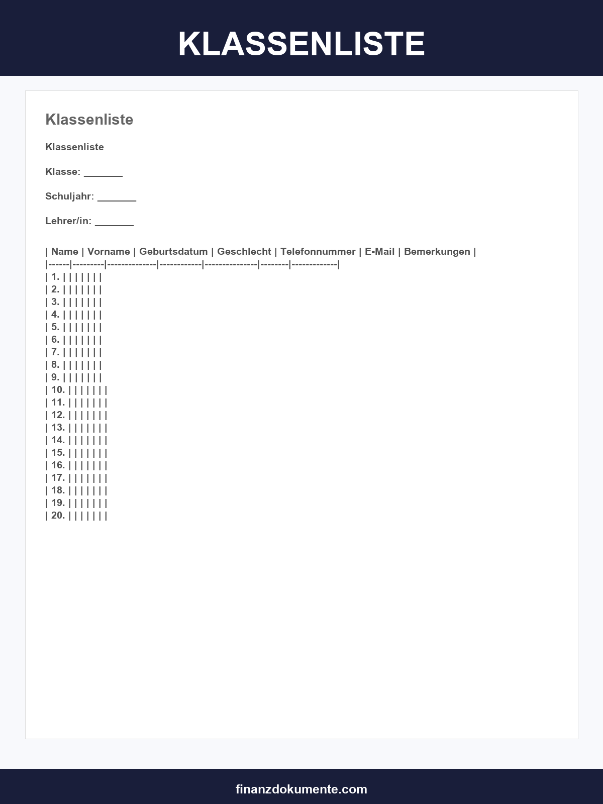 Klassenliste Vorlage
