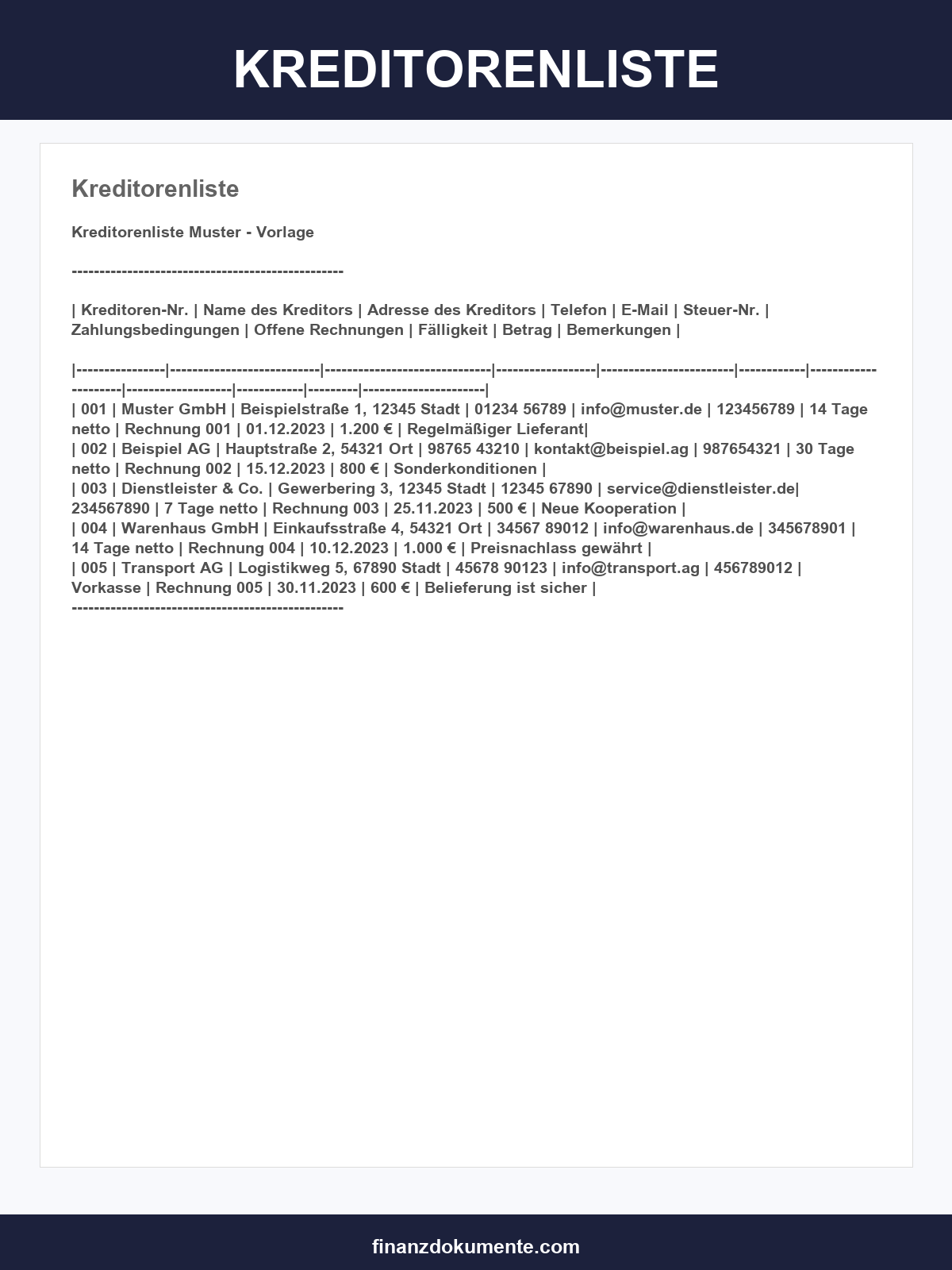 Kreditorenliste Vorlage