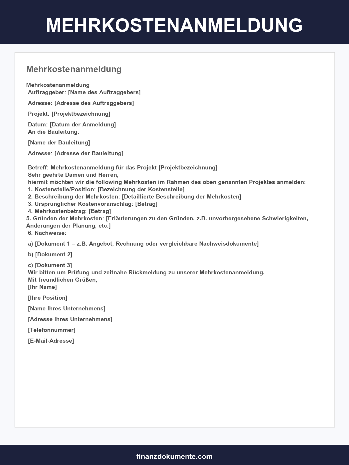 Mehrkostenanmeldung Vorlage