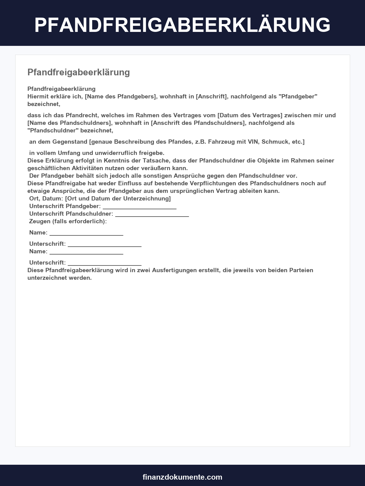 Pfandfreigabeerklärung Muster