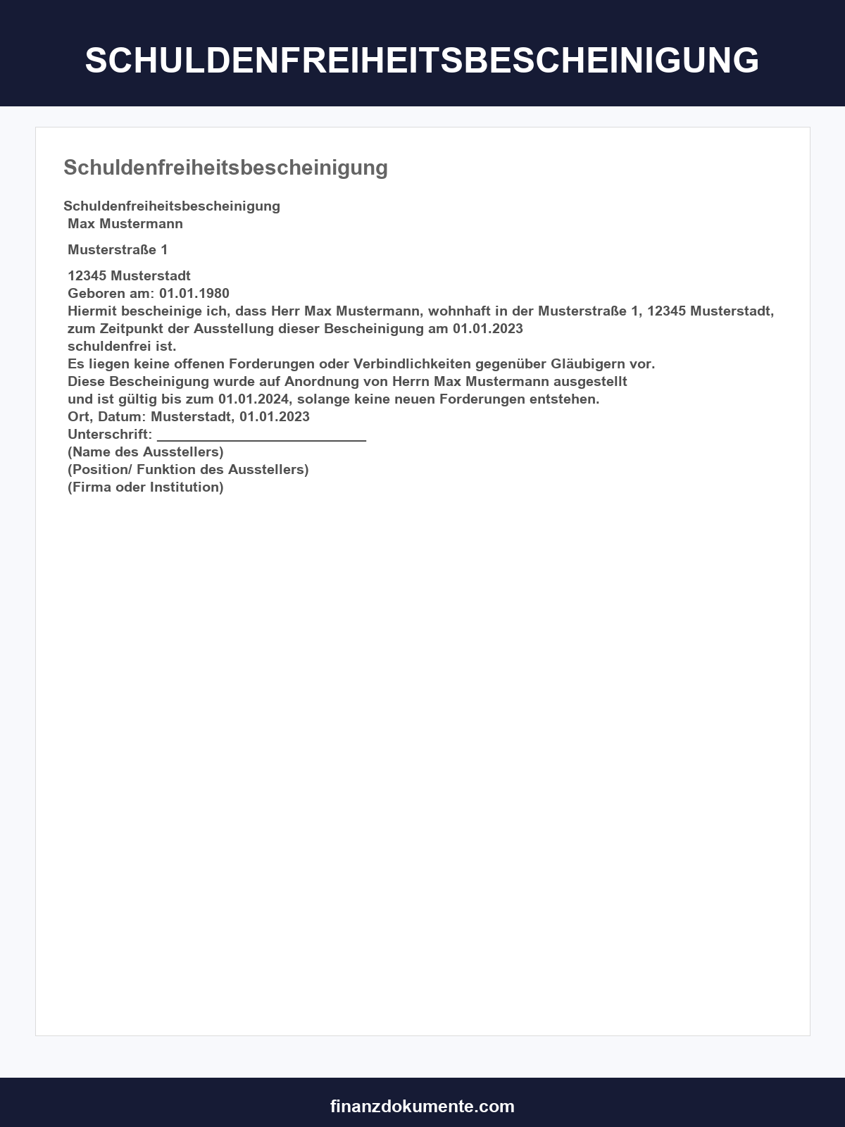 Schuldenfreiheitsbescheinigung