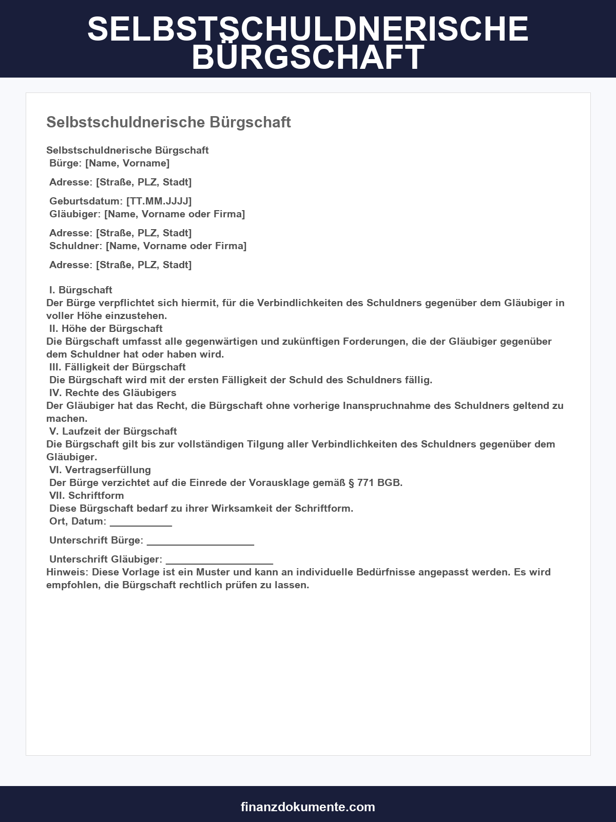 Selbstschuldnerische Bürgschaft Vorlage