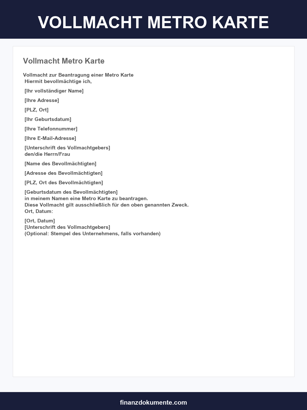 Vollmacht Metro Karte